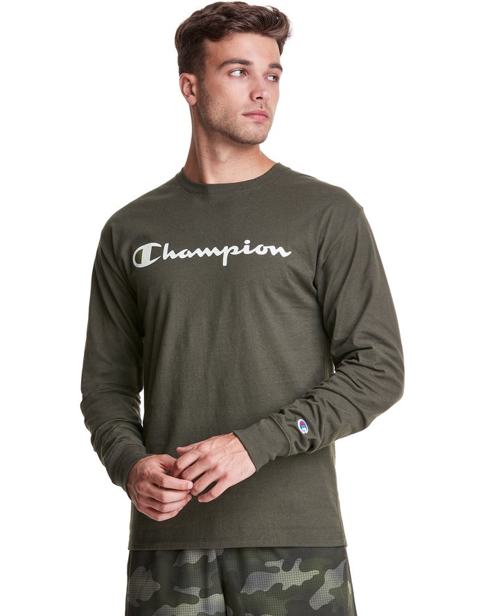 Champion Mens T-Shirt NZ - Classic Long-Sleeve Script Logo Olive ( 7504-KEQPG )